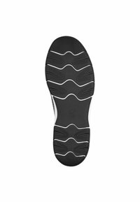 Sola di scarpa in gomma nera con un motivo di battistrada ondulato. Presenta un accento bianco lungo il bordo, progettata per aderenza e durata.
