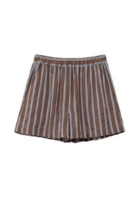 Short en coton marron avec des rayures verticales blanches et bleues et une ceinture élastique, posé à plat sur fond blanc.