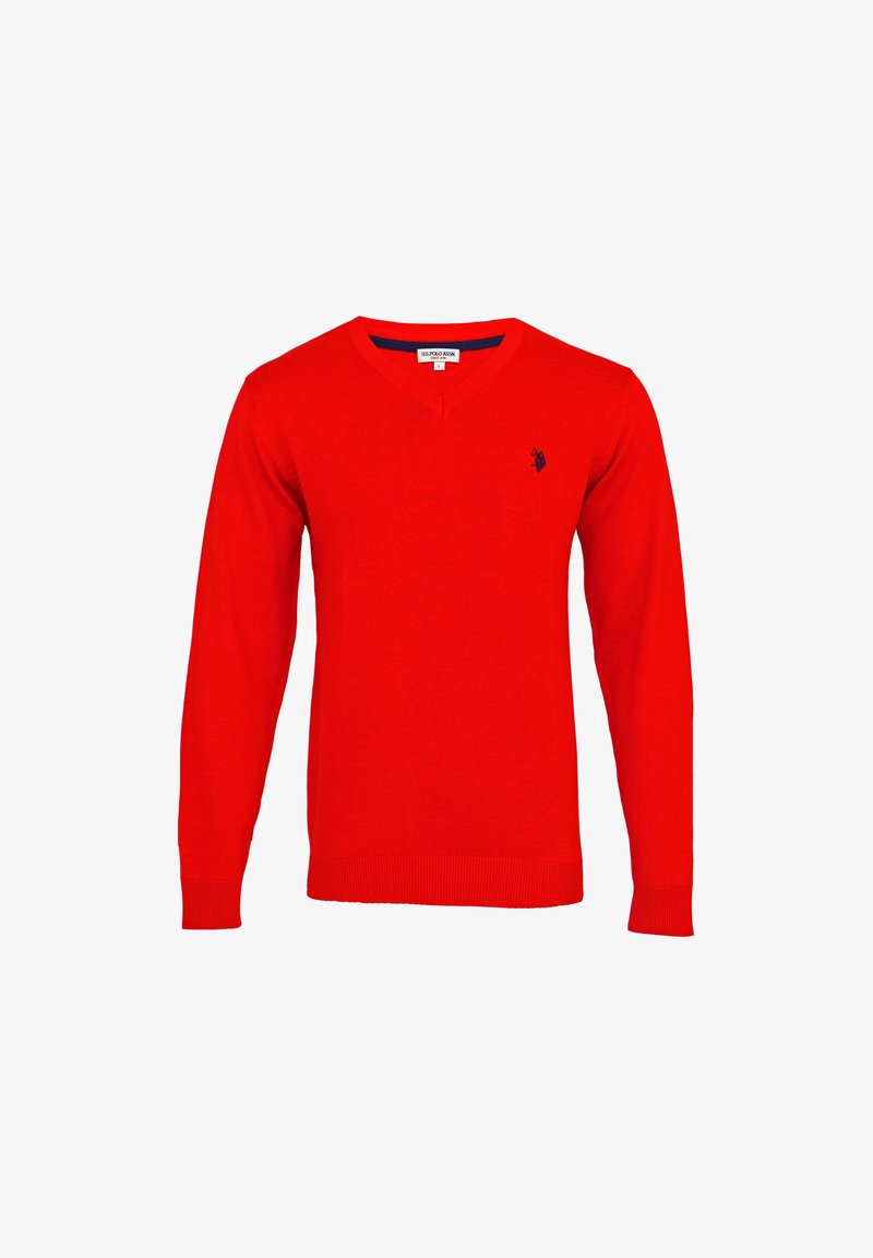 Röd långärmad V-ringad tröja gjord av stickad tyg. Har en liten marinblå logotyp på bröstet och ribbstickade manschetter och fåll.