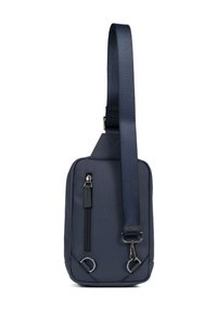 Borsa a tracolla blu navy realizzata in materiale resistente, con tasca frontale con zip, tracolla regolabile e dettagli in metallo circolare.