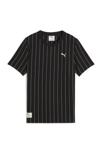 Černé tričko s krátkým rukávem a bílými svislými pruhy, kulatý výstřih a malé zlaté logo PUMA na hrudi. Měkký bavlněný materiál.