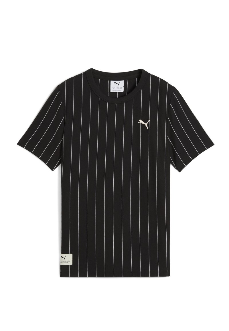 Černé tričko s krátkým rukávem a bílými svislými pruhy, kulatý výstřih a malé zlaté logo PUMA na hrudi. Měkký bavlněný materiál.