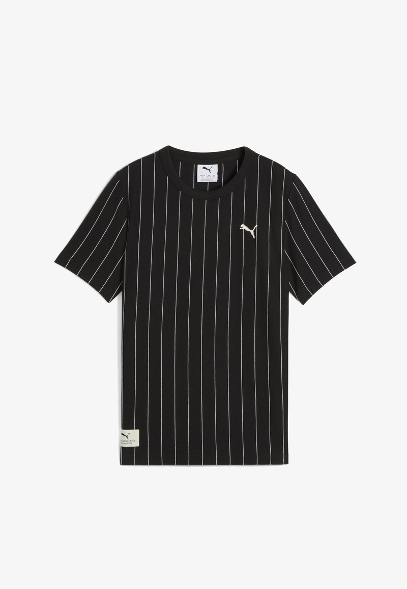 Černé tričko s krátkým rukávem a bílými svislými pruhy, kulatý výstřih a malé zlaté logo PUMA na hrudi. Měkký bavlněný materiál.