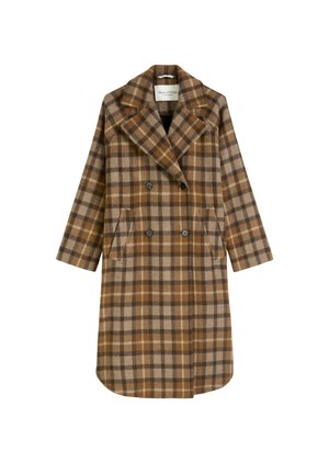 Trench-coat en plaid marron et beige avec un design à double boutonnage, de larges revers et deux poches avant. Fait en tissu doux et texturé.