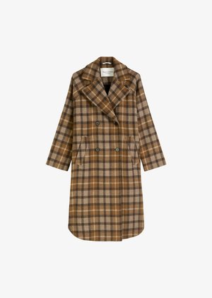 Smeđi i bež karirani trench kaput s dvostrukim kopčanjem, širokim reverima i dva prednja džepa. Izrađen od mekanog, teksturiranog materijala.