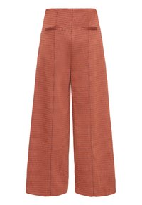 Pantalones de pierna ancha con cintura alta y pequeño estampado de cuadros en tonos rojos y negros.