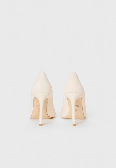 O pereche de pantofi eleganți cu toc înalt din piele suede bej, prezentați din spate pe un fundal alb, cu vârfuri ascuțite și tocuri stiletto.