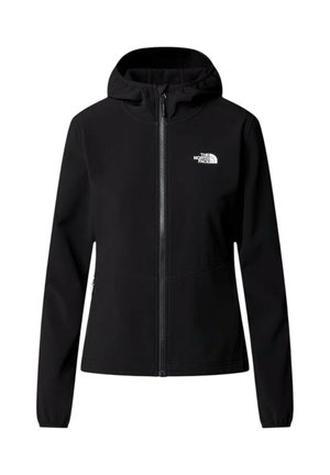 Giacca nera con zip realizzata in tessuto morbido, con cappuccio, maniche lunghe e logo bianco sul petto a sinistra. Texture liscia e design aderente.