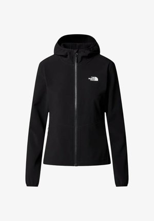 Giacca nera con zip realizzata in tessuto morbido, con cappuccio, maniche lunghe e logo bianco sul petto a sinistra. Texture liscia e design aderente.