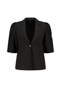Blazer noir au design structuré, avec des détails de manches bouffantes, une fermeture à un bouton doré unique et deux poches avant. Texture du tissu lisse.