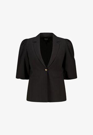 Zwarte blazer met een gestructureerd ontwerp, details van pofmouwen, een enkele sluiting met een gouden knop en twee voorkeurszakken. Glad textuur van de stof.