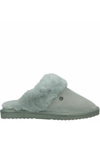 Grijze slippers met een zachte faux fur boord, gemaakt van een suede-achtige stof. Voorzien van een afgeronde neus en een getextureerde rubberen zool.