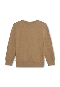 Brązowy sweter z dzianiny, z teksturowanym wzorem, ściągaczami na rękawach i u dołu, okrągłym dekoltem oraz gładkim wykończeniem materiału.