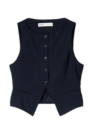 Marineblå ærmeløs vest med fem knapper foran og to små forlommer, mærket Bershka, lagt fladt på hvid baggrund.