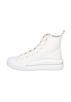 Zapatillas altas de lona blancas con punta de goma, diseño de cordones y panel lateral texturizado, que cuentan con un pequeño bucle en el talón.