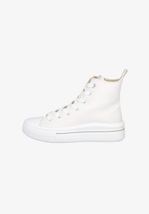 Zapatillas altas de lona blancas con punta de goma, diseño de cordones y panel lateral texturizado, que cuentan con un pequeño bucle en el talón.