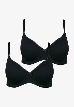Sorte bh'er, sømløse med bøjle, har blondertrim langs den øverste kant og et lille sløjfedetalje i midten mellem skåle.