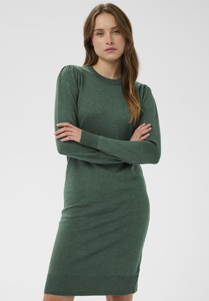 Knit dress in dark green, featuring long sleeves, ribbed texture, crew neckline, and fitted silhouette with ribbed hem.