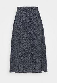 Jupe midi noire avec motif de petits points irréguliers blancs et taille élastique, coupe ample.