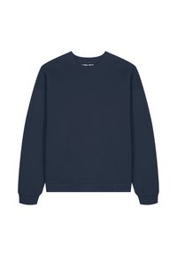 Felpa blu navy in misto cotone, con scollo rotondo, maniche lunghe e polsini e orlo a costine. Texture liscia, design minimalista.