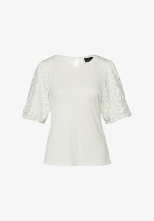White short-sleeve blouse with puffed lace sleeves and a round neckline featuring a small keyhole button closure at the back.