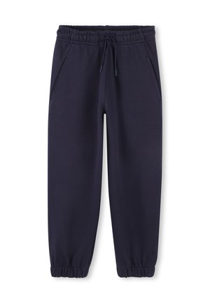 Pantalon jogger décontracté bleu marine avec taille élastique, cordon de serrage, poches latérales et bas de jambes élastiqués.