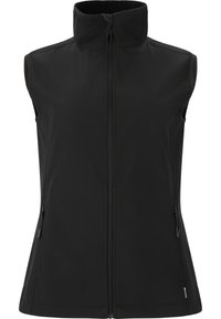 Gilet senza maniche di colore nero realizzato in materiale softshell, con colletto alto, zip frontale e tasche laterali con zip per riporre gli oggetti.