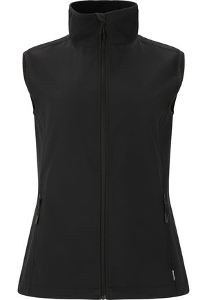 Sort ærmeløs vest lavet af softshell-materiale, med høj krave, frontlynlås og lynlåslommer på siden til opbevaring.