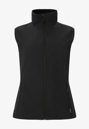 Sort ærmeløs vest lavet af softshell-materiale, med høj krave, frontlynlås og lynlåslommer på siden til opbevaring.