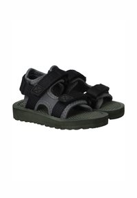 Zwarte en grijze sandalen met verstelbare klittenbandsluitingen en een gestructureerde rubberen zool. Ontworpen voor comfort met een ademend bovenmateriaal.