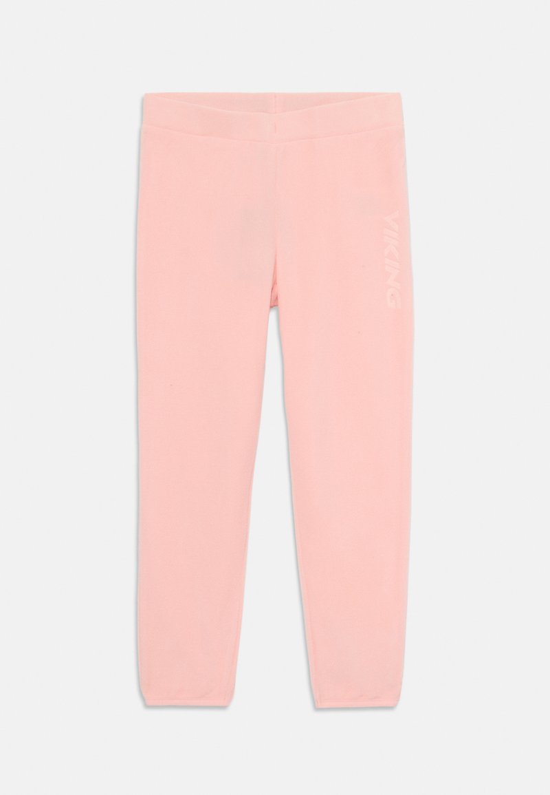 Világos rózsaszín leggings, puha, rugalmas anyagból, szoros fazonban, bal oldalon fehér logóval. Sima felület, bokáig érő.