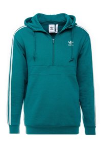 Teal Adidas-huvtröja med vita ränder på ärmarna, halv dragkedja fram, huva med snoddar och Adidas-logga på vänster bröst.