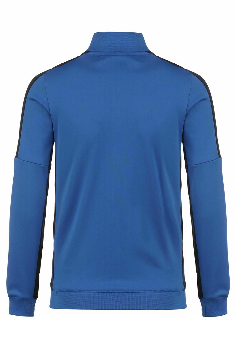 Blaues Sportjacke mit hohem Kragen, schwarzen Seiteneinfassungen, langen Ärmeln und einer strukturierten Stoffoberfläche. Entworfen für einen sportlichen Look.