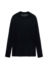 Pulover negru din tricot, cu guler rotund, mâneci lungi și croială relaxată. Textură moale, design minimal, fără modele sau accente.