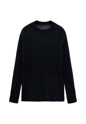 Suéter negro de punto con cuello redondo, mangas largas y un corte relajado. Textura suave, diseño minimalista, sin patrones ni adornos.