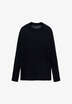 Černý pletený svetr s kruhovým výstřihem, dlouhými rukávy a volným střihem. Měkká textura, minimalizovaný design, žádné vzory ani akcenty.