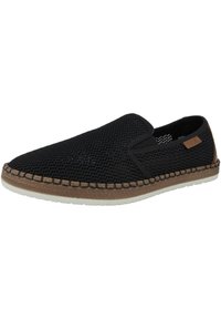 Chaussure noire en mesh à enfiler avec une semelle tissée marron et une semelle intermédiaire blanche. Dispose de panneaux élastiques sur les côtés pour un enfilage facile et d'une surface supérieure texturée.