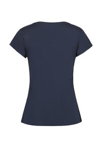 Navy blue, lyhythihaista t-paitaa, jossa on pyöreä pääntie, pehmeä rakenne, vartaloa myötäilevä leikkaus, eikä näkyviä kuvioita tai koristeita.
