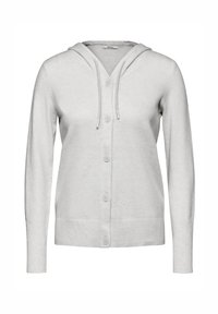 Cardigan à capuche gris clair avec fermeture à boutons, manches longues et ourlet côtelé. Fabriqué dans un matériau doux, il dispose de cordons de serrage sur la capuche.