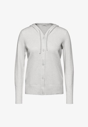 Ljusgrå hoodie cardigan med knäppning, långa ärmar och ribbad fåll. Tillverkad av mjukt material, har dragsko på huvan.