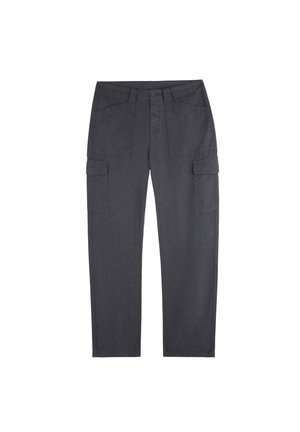 Pantalones cargo gris oscuro con botón y cremallera delanteros, dos bolsillos delanteros y dos bolsillos laterales con solapa, mostrados extendidos sobre fondo blanco.