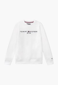 Weißer Sweatshirt aus weichem Stoff mit Rundhalsausschnitt. Enthält das Logo "TOMMY HILFIGER EST. 1985" in Marineblau und Rot. Ribbed Bündchen sind vorhanden.