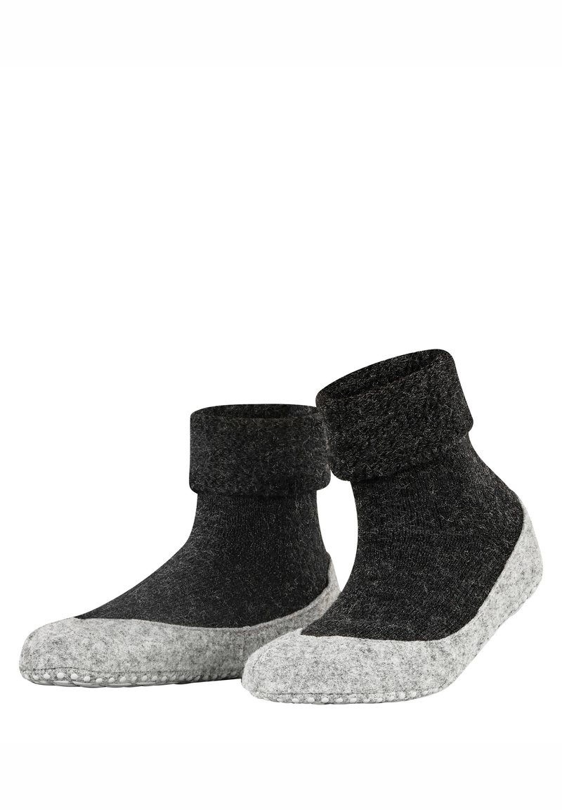 Par svarte og grå ullsokker med sklisikre såler og brettede mansjetter.