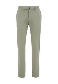 Pantalones slim-fit de color verde claro, fabricados con una mezcla de algodón, que cuentan con bolsillos frontales, cierre de botón y una textura suave.