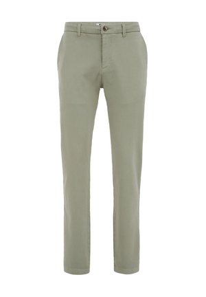 Lichtgroene slim-fit broek, gemaakt van een katoenmix, met zijzakken, een knoopsluiting en een gladde textuur.