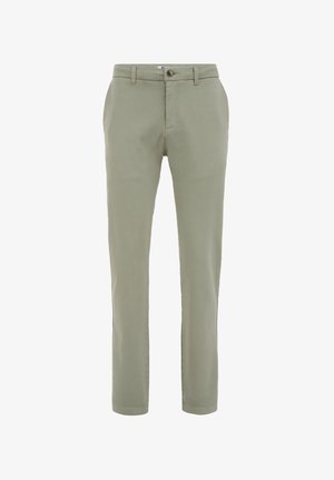 Lys grøn slim-fit bukser, lavet af en bomuldsblandingsstof, med forlommer, knaplukning og en glat tekstur.