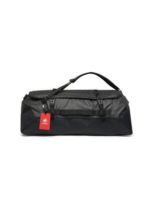 Czarna prostokątna torba sportowa z regulowanym paskiem na ramię, dwoma bocznymi klamrami oraz czerwoną metką marki Mammut.