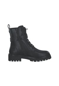 Bottines en cuir noir avec un laçage à l'avant, une fermeture éclair sur le côté et des détails de sangle texturés. Semelle épaisse et robuste avec un motif de crampons prononcé.