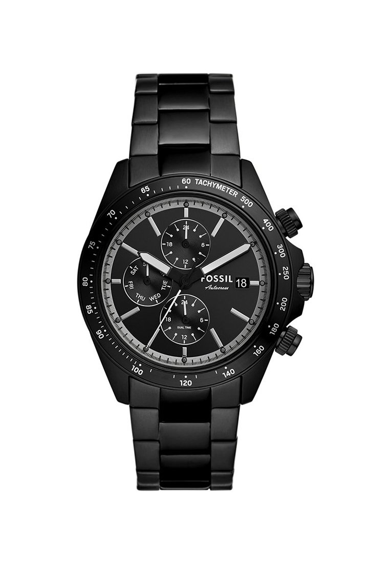 Reloj cronógrafo negro de fósil con bisel taquimétrico, pulsera de eslabones de metal, pantalla de fecha y tres subdiales que muestran el día, 24 horas y doble horario.