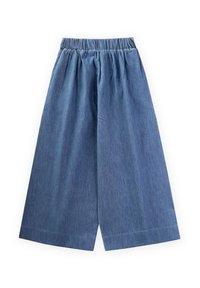 Denimist valmistatud culottes koos elastse vöökohaga, helesinise värvusega, laia säärekujundusega ja sileda tekstuuriga. Viimistletud korrapäraste äärete ja minimaalse õmblusega.